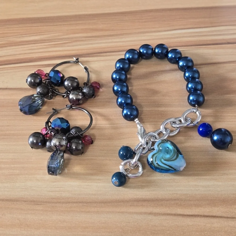 Chunky Bracelet Earrings Set Silvertone Acrylic and Glass Beads Blue Purple Boho